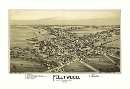 Historic Panoramic View - Fleetwood Pennsylvania - Fowler 1893 - Vintage Wall Art