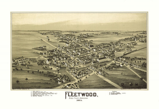 Historic Panoramic View - Fleetwood Pennsylvania - Fowler 1893 - Vintage Wall Art