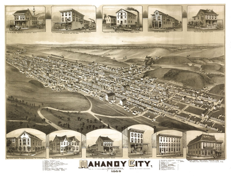 Historic Panoramic View - Mahanoy City Pennsylvania - Fowler 1889 - Vintage Wall Art
