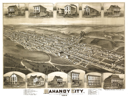 Historic Panoramic View - Mahanoy City Pennsylvania - Fowler 1889 - Vintage Wall Art