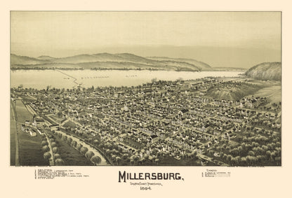 Historic Panoramic View - Millersburg Pennsylvania - Fowler 1894 - Vintage Wall Art