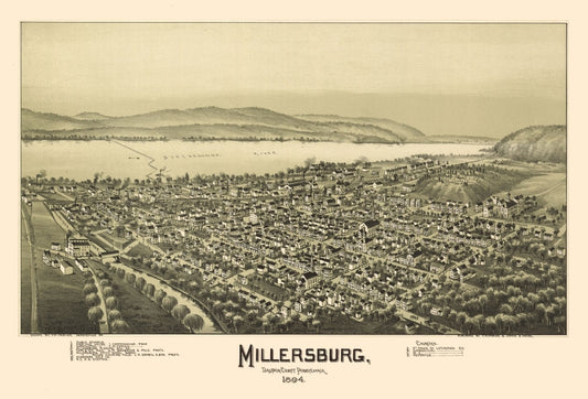 Historic Panoramic View - Millersburg Pennsylvania - Fowler 1894 - Vintage Wall Art