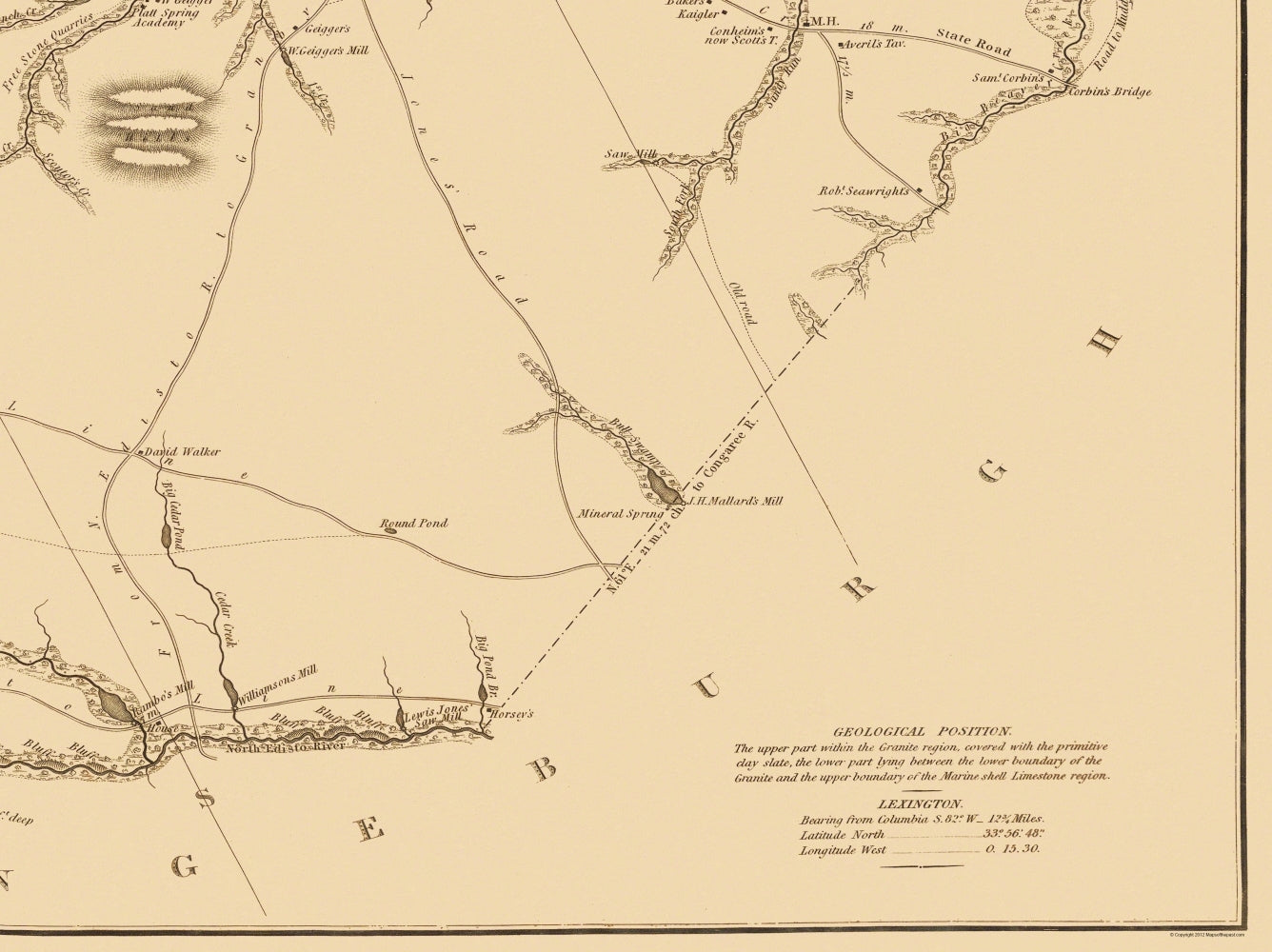 Historic County Map - Lexington County South Carolina - Mills 1825 - Vintage Wall Art