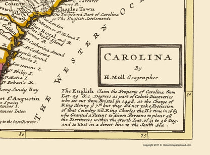 Historic State Map - Carolinas - Bowles 1736 - Vintage Wall Art