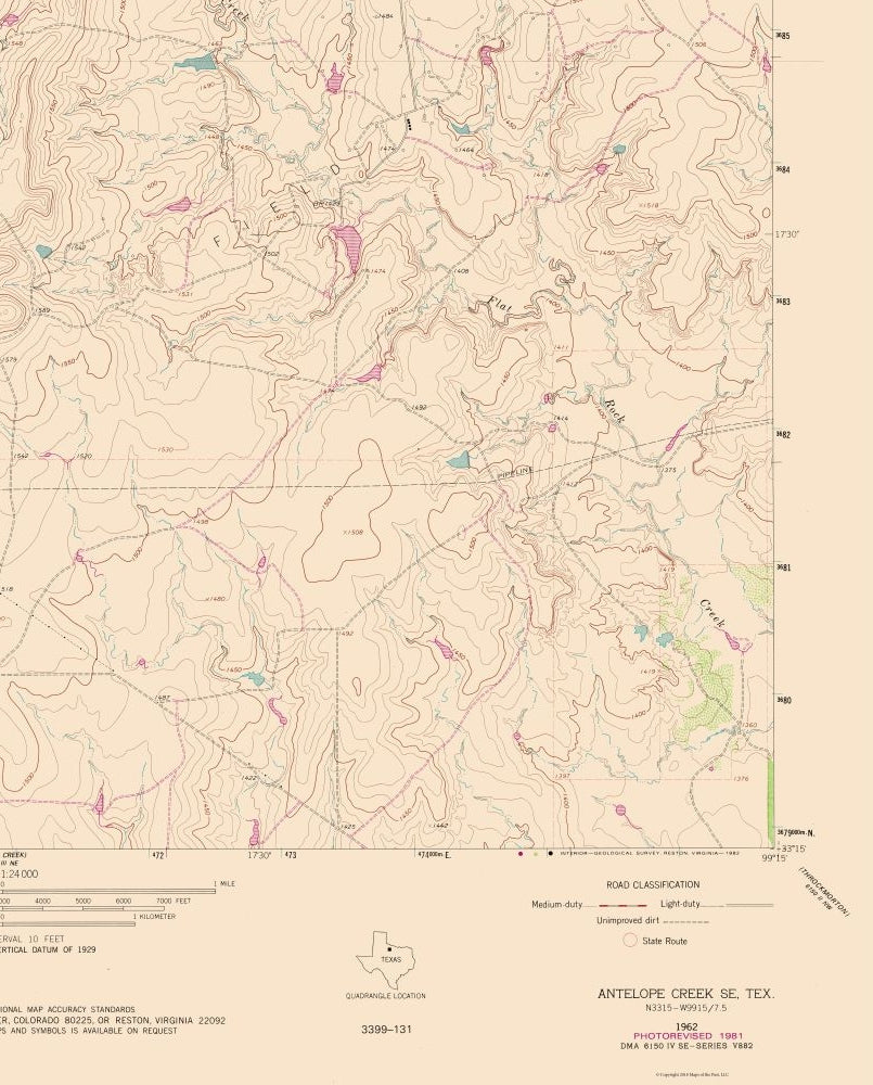 Topographical Map - Antelope Creek Texas South East Quad - USGS 1962 - Vintage Wall Art