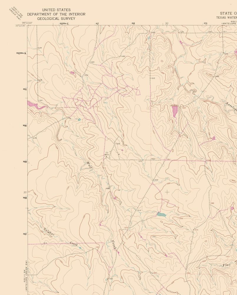 Topographical Map - Antelope Creek Texas South East Quad - USGS 1962 - Vintage Wall Art