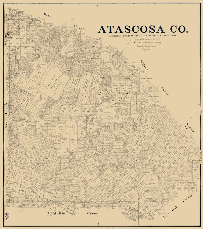 Historic County Map - Atascosa County Texas - Rosenberg 1894 - Vintage Wall Art