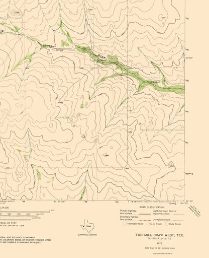 Topographical Map - Two Mill Draw Texas West Quad - USGS 1973 - Vintage Wall Art