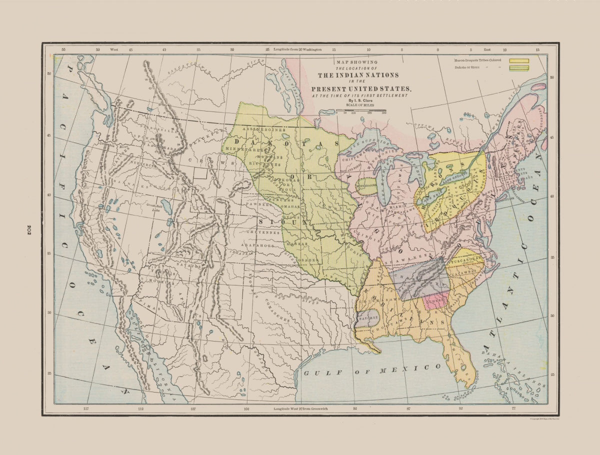 Historic War Map - Indian Nations First Settlement - Cram 1892 - Vintage Wall Art