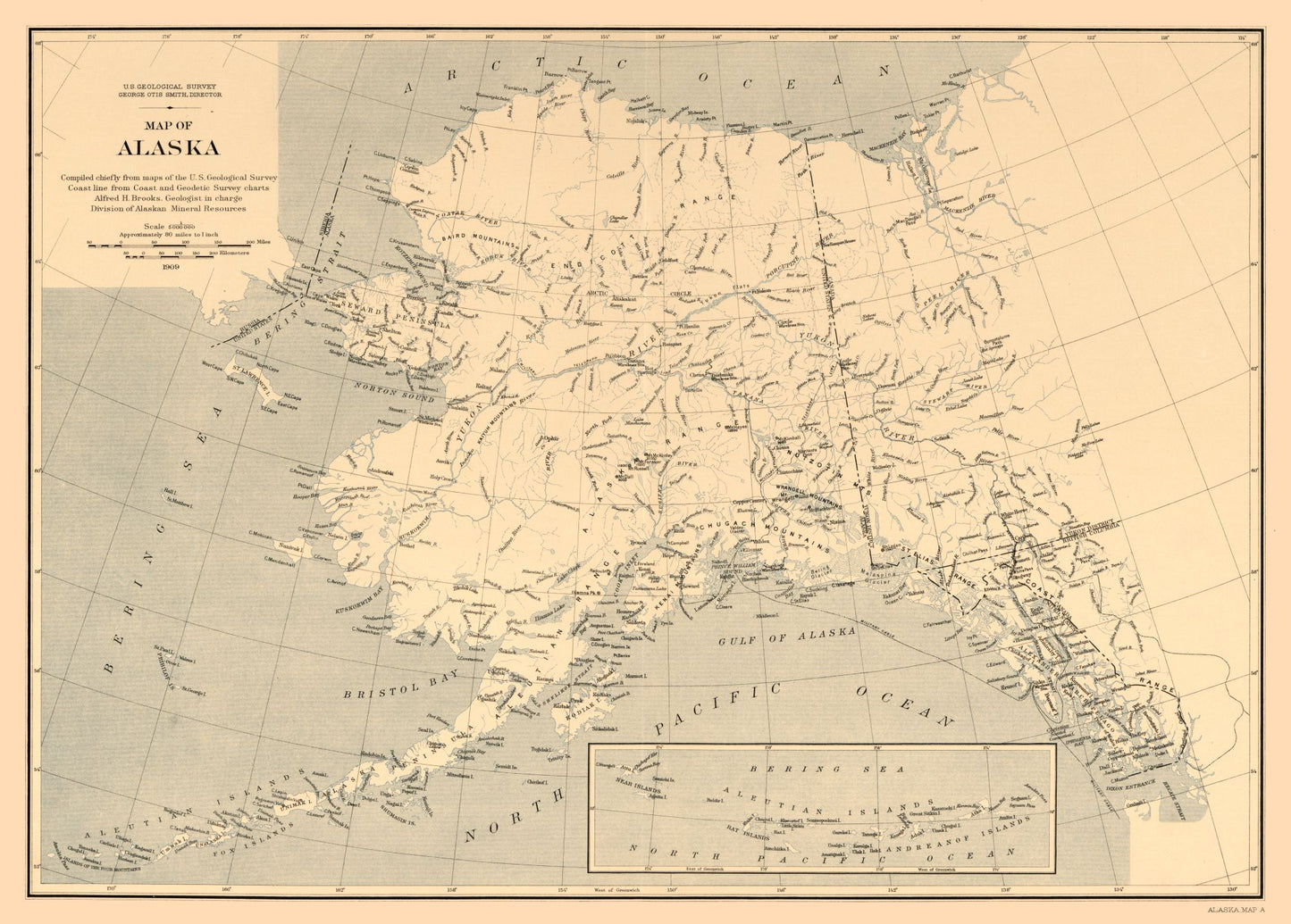 Historic State Map - Alaska - Brooks 1909 - 32.11 x 23 - Vintage Wall Art