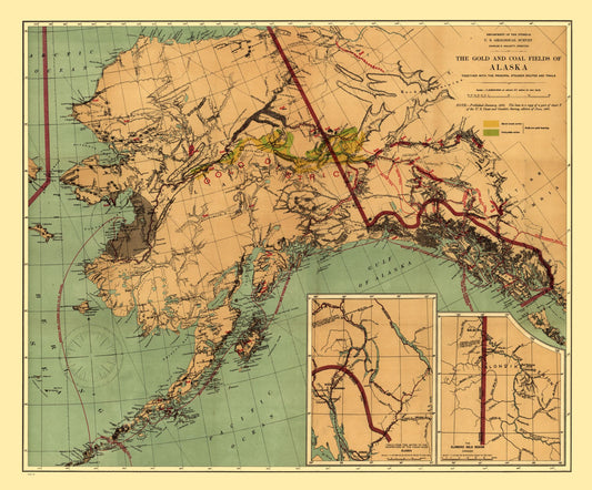 Historic Mine Map - Alaska Gold Coal - Walcott 1898 - 27.74 x 23 - Vintage Wall Art