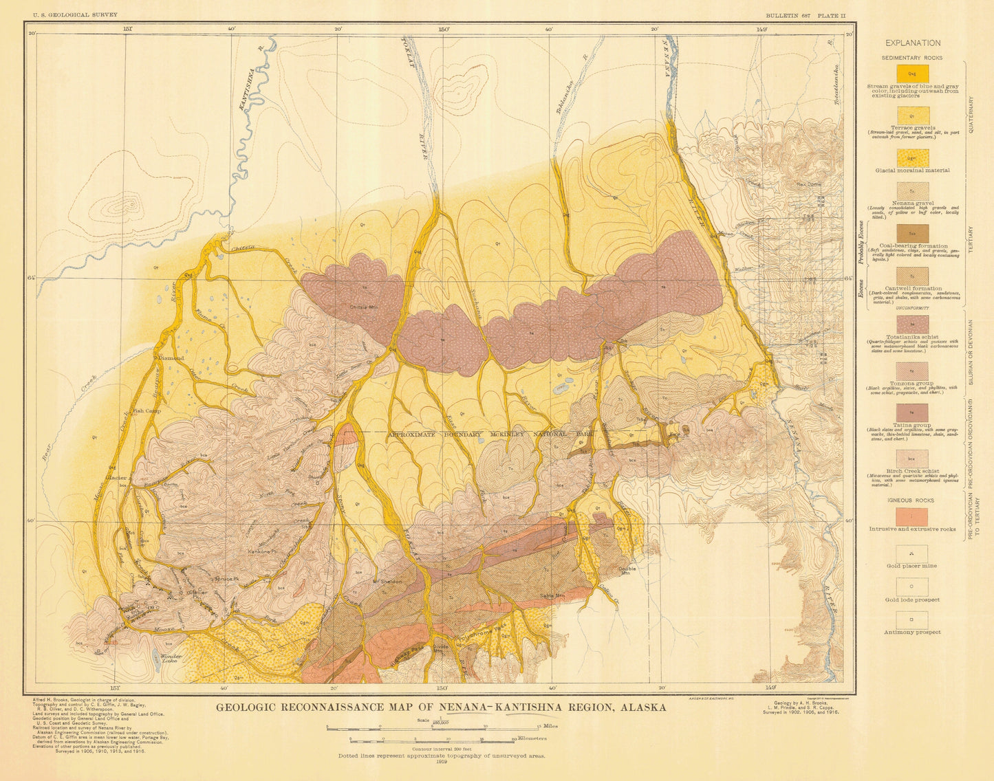 Topographical Map - Nenana-Kantishna Region Alaska - USGS 1919 - 23 x 29.25 - Vintage Wall Art