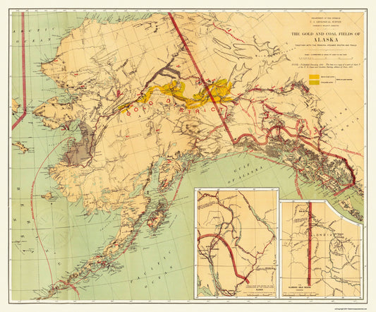 Historic Mine Map - Alaska Gold Coal Fields  - Walcott 1898 - 27.75 x 23 - Vintage Wall Art