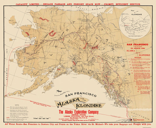 Historic Mine Map - San Francisco to Klondike Alaska Routes - Davidson 1898 - 23 x 27.84 - Vintage Wall Art