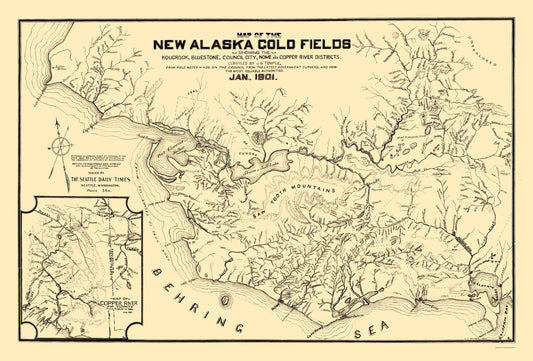 Historic Mine Map - Alaska Gold Fields - Temple 1901 - 23 x 33.96 - Vintage Wall Art