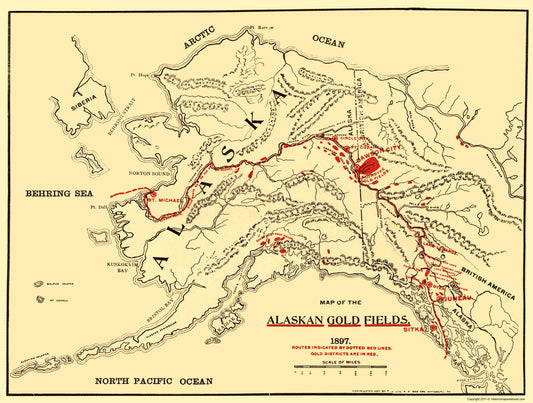 Historic Mine Map - Alaskan Gold Fields - Lee 1897 - 23 x 30.42 - Vintage Wall Art