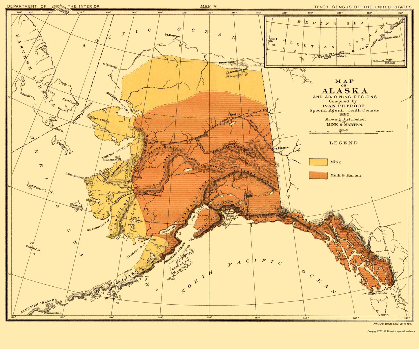 Historic State Map - Alaska Mink and Marten Habitat - Bien 1882 - 23 x 27.62 - Vintage Wall Art