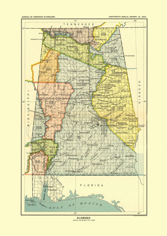 Historic State Map - Alabama - Hoen 1896 - 23 x 32.49 - Vintage Wall Art