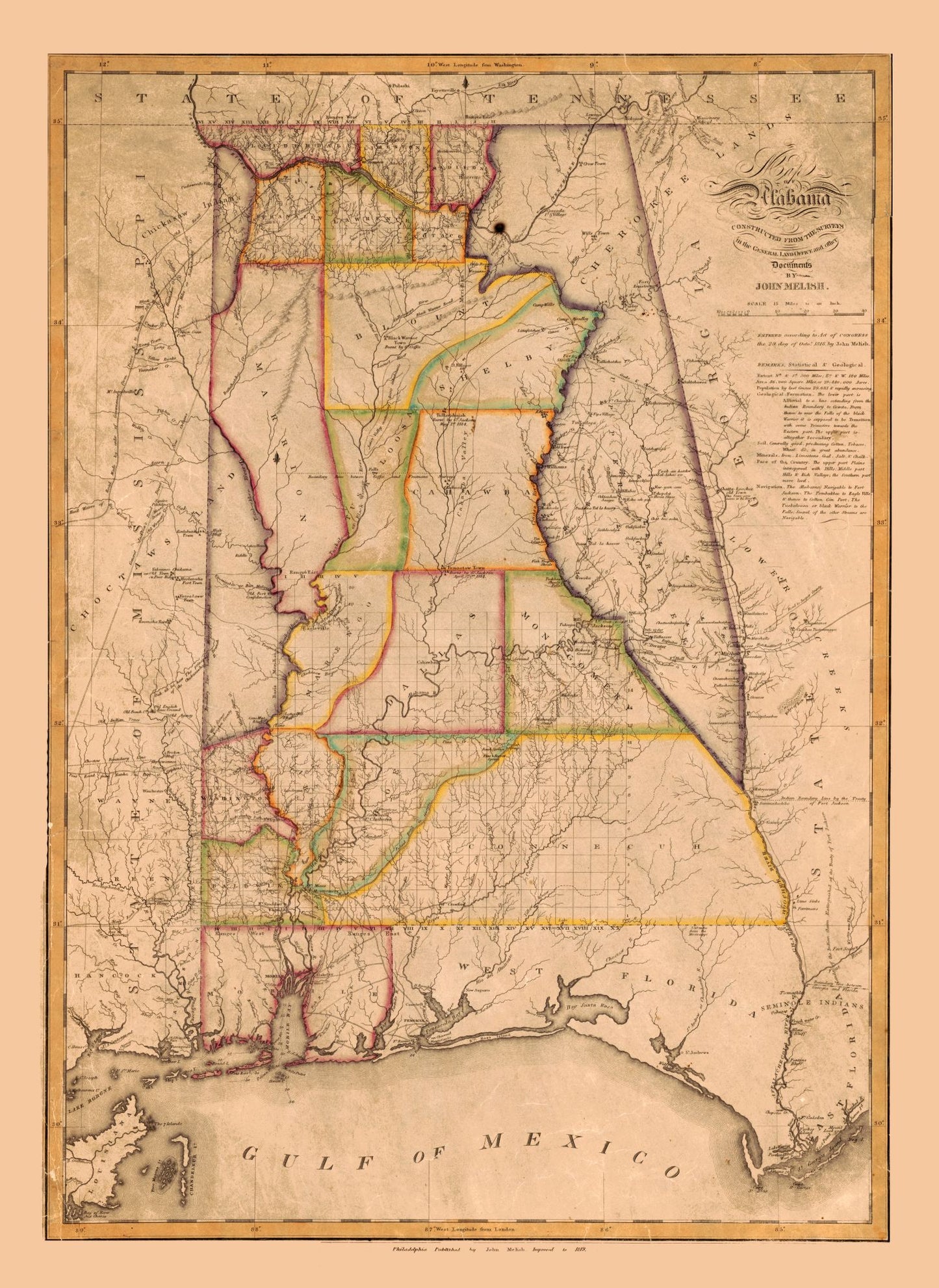 Historic State Map - Alabama - Melish 1819 - 23 x 31.55 - Vintage Wall Art