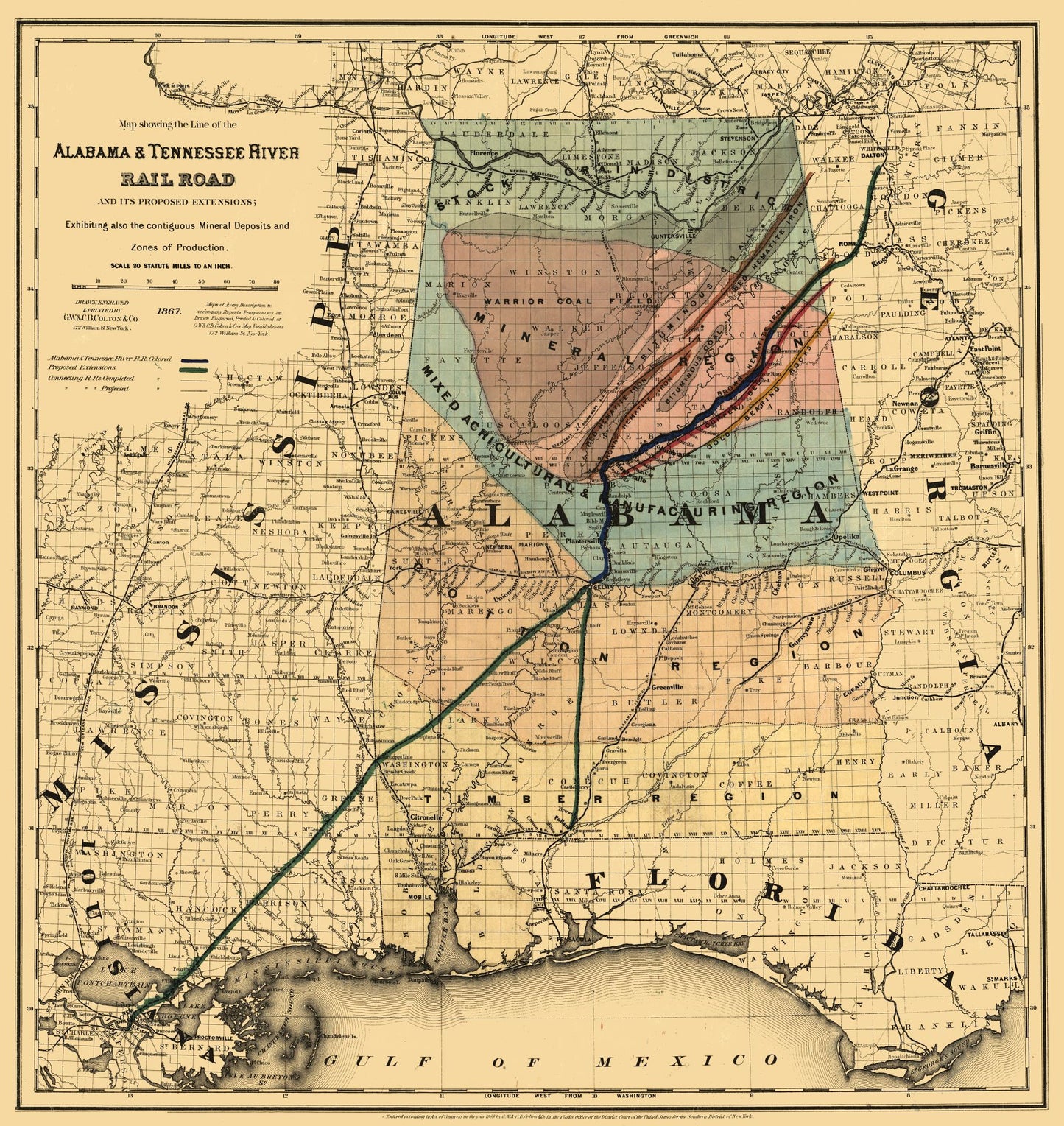 Railroad Map - Alabama and Tennessee River Railroad - Colton 1867 - 23 x 24.34 - Vintage Wall Art