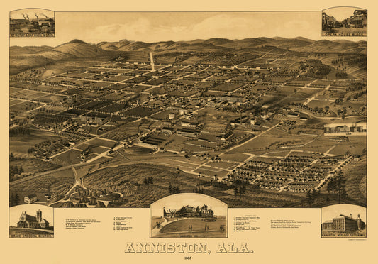Historic Panoramic View - Anniston Alabama - Beck 1887 - 23 x 32.99 - Vintage Wall Art