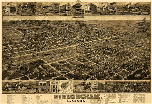 Historic Panoramic View - Birmingham Alabama - Beck 1885 - 23 x 33.49 - Vintage Wall Art