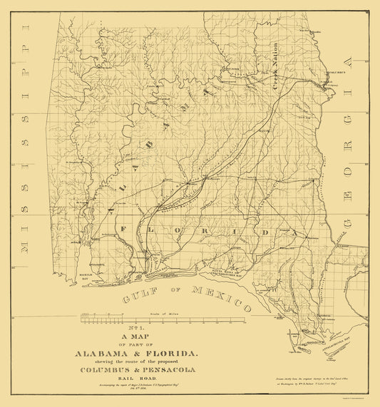 Railroad Map - Columbus and Pensacola Railroad - Colton 1836 - 23 x 24 - Vintage Wall Art