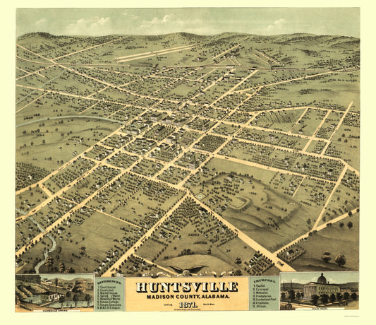 Historic Panoramic View - Huntsville Alabama - Ehrgott 1871 - 23 x 26.67 - Vintage Wall Art