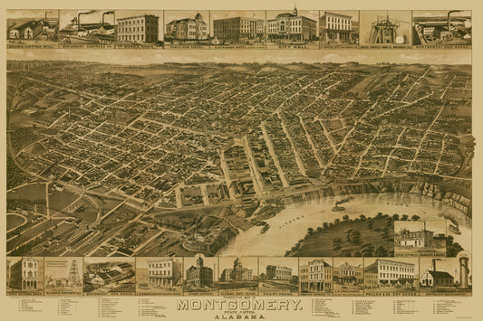Historic Panoramic View - Montgomery Alabama - Wellge 1887 - 23 x 34.50 - Vintage Wall Art