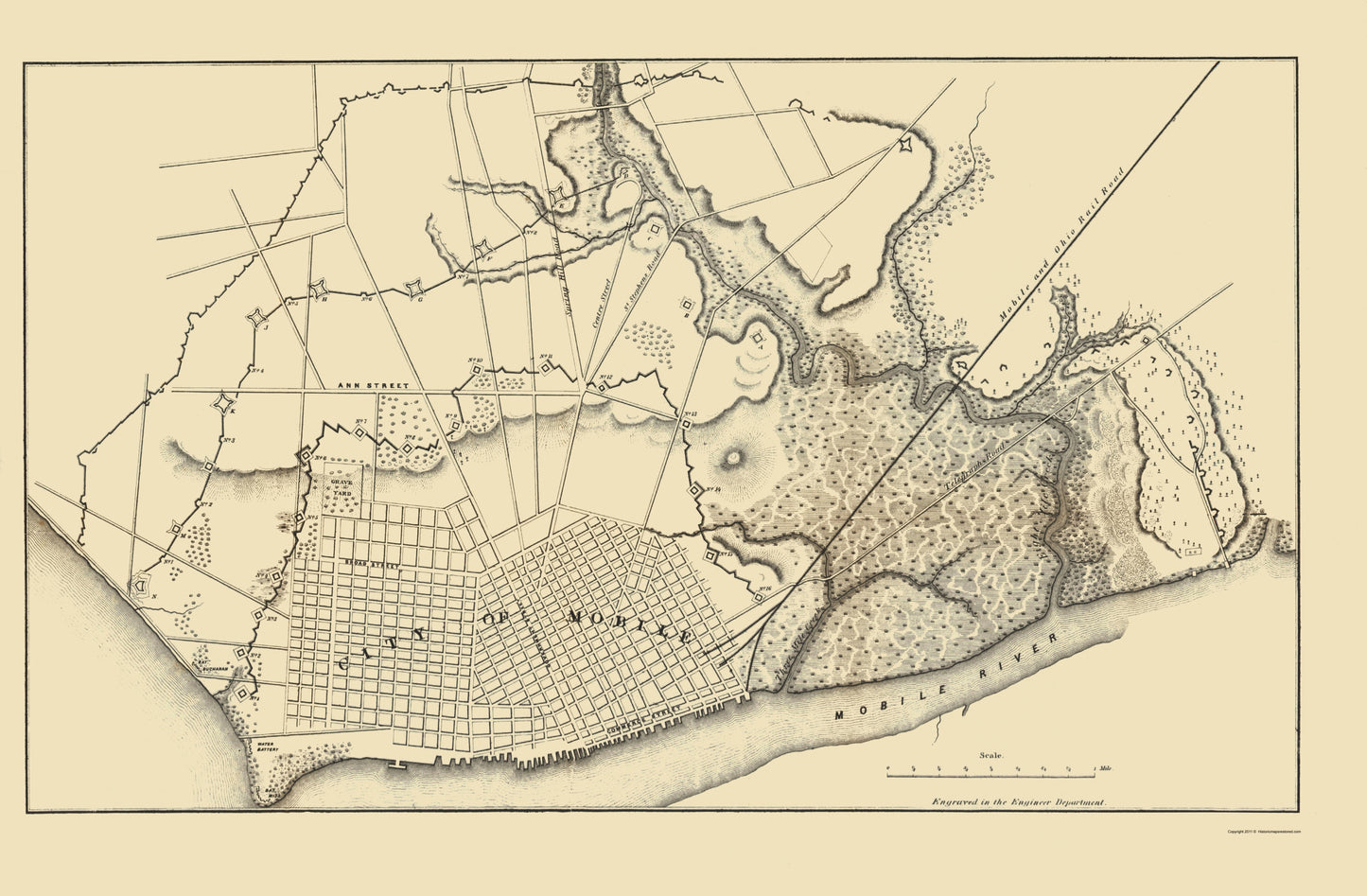 Historical Civil War Map - Mobile Alabama Defence Positions - Bowen 1866 - 23 x 35.08 - Vintage Wall Art