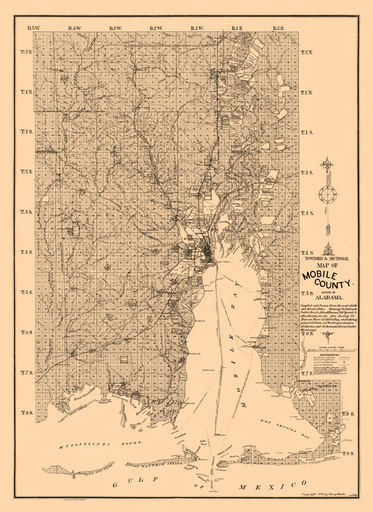 Historic County Map - Mobile County Alabama - Fonde 1895 - 23 x 31.57 - Vintage Wall Art