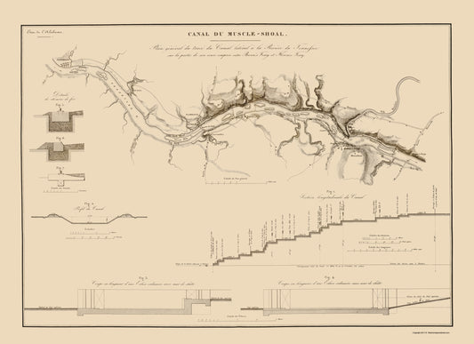 Historic Nautical Map - Muscle Shoals Canal Alabama - Poussin 1834 - 23 x 31.68 - Vintage Wall Art