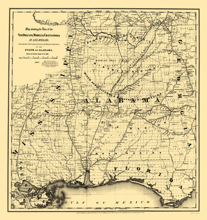 Railroad Map - New Orleans Mobile Chattanooga Railroad - GLO 1867 - 23 x 24.43 - Vintage Wall Art