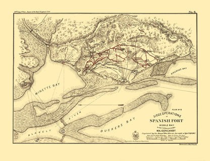 Historical Civil War Map - Spanish Fort Mobile Bay Alabama - Palfrey 1866 - 29.89 x 23 - Vintage Wall Art