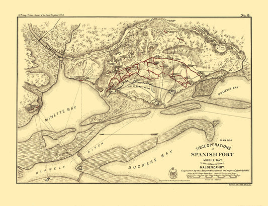 Historical Civil War Map - Spanish Fort Mobile Bay Alabama - Palfrey 1866 - 29.89 x 23 - Vintage Wall Art