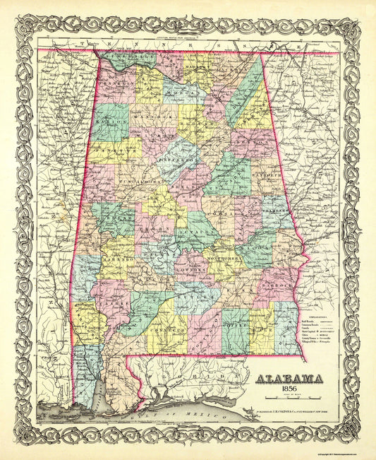 Historic State Map - Alabama - Colton 1856 - 23 x 28.06 - Vintage Wall Art