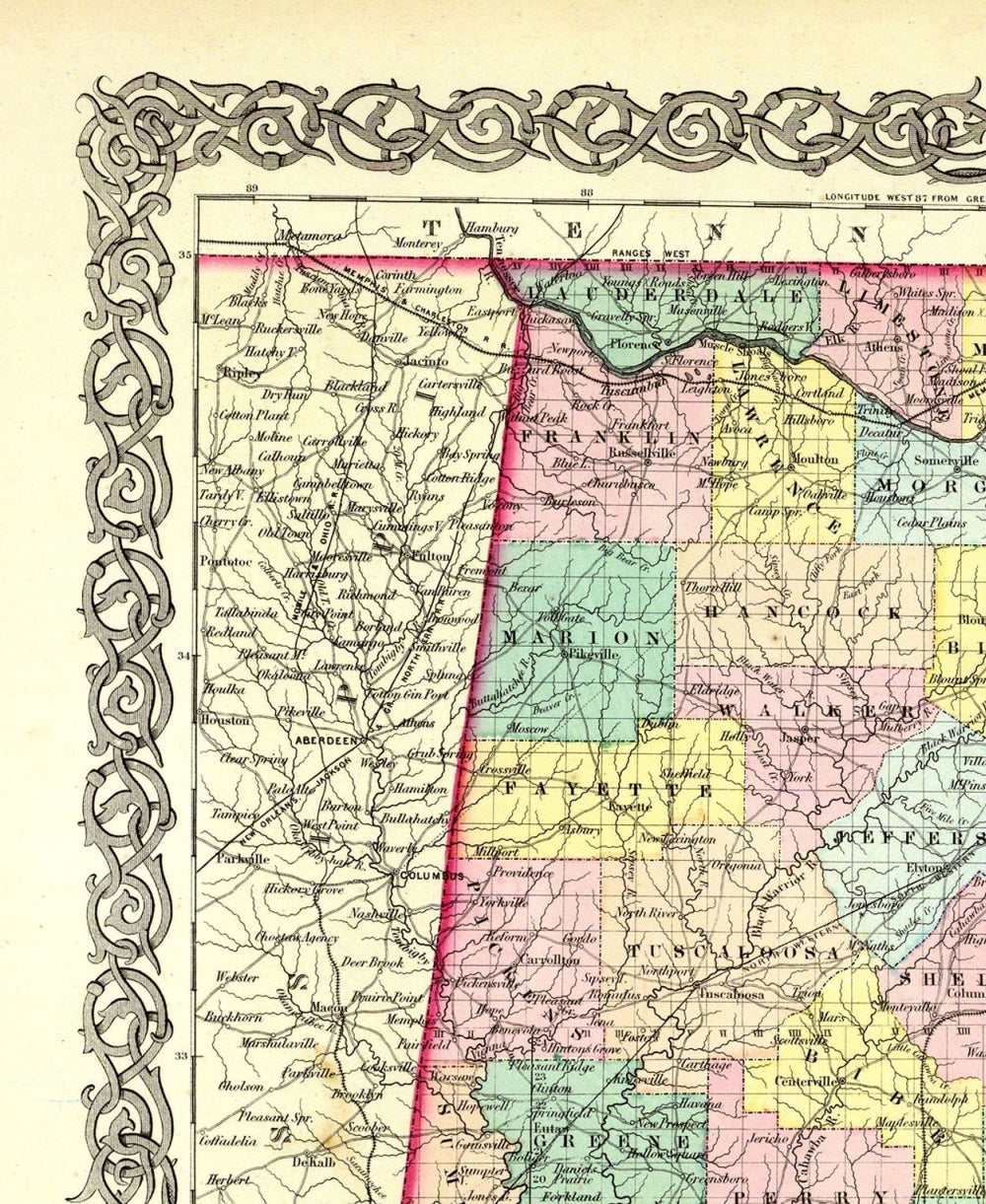 Historic State Map - Alabama - Colton 1856 - 23 x 28.06 - Vintage Wall Art