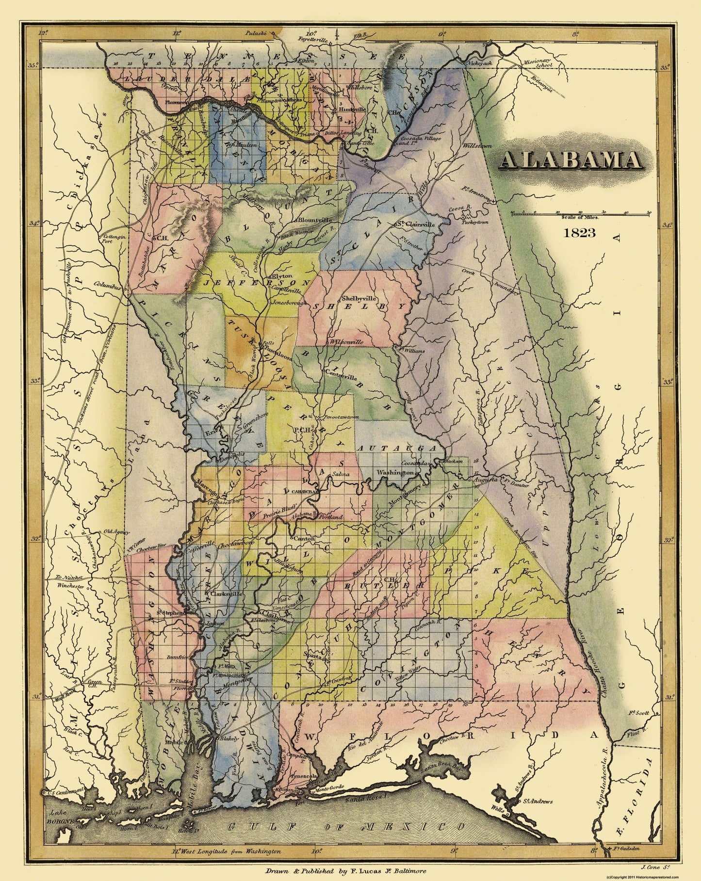 Historic State Map - Alabama - Lucas 1823 - 23 x 28.94 - Vintage Wall Art