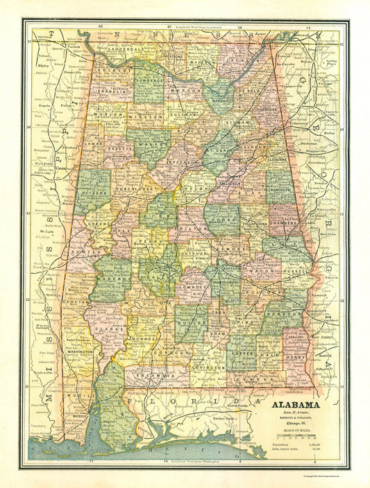 Historic State Map - Alabama - Cram 1886 - 23 x 30.37 - Vintage Wall Art