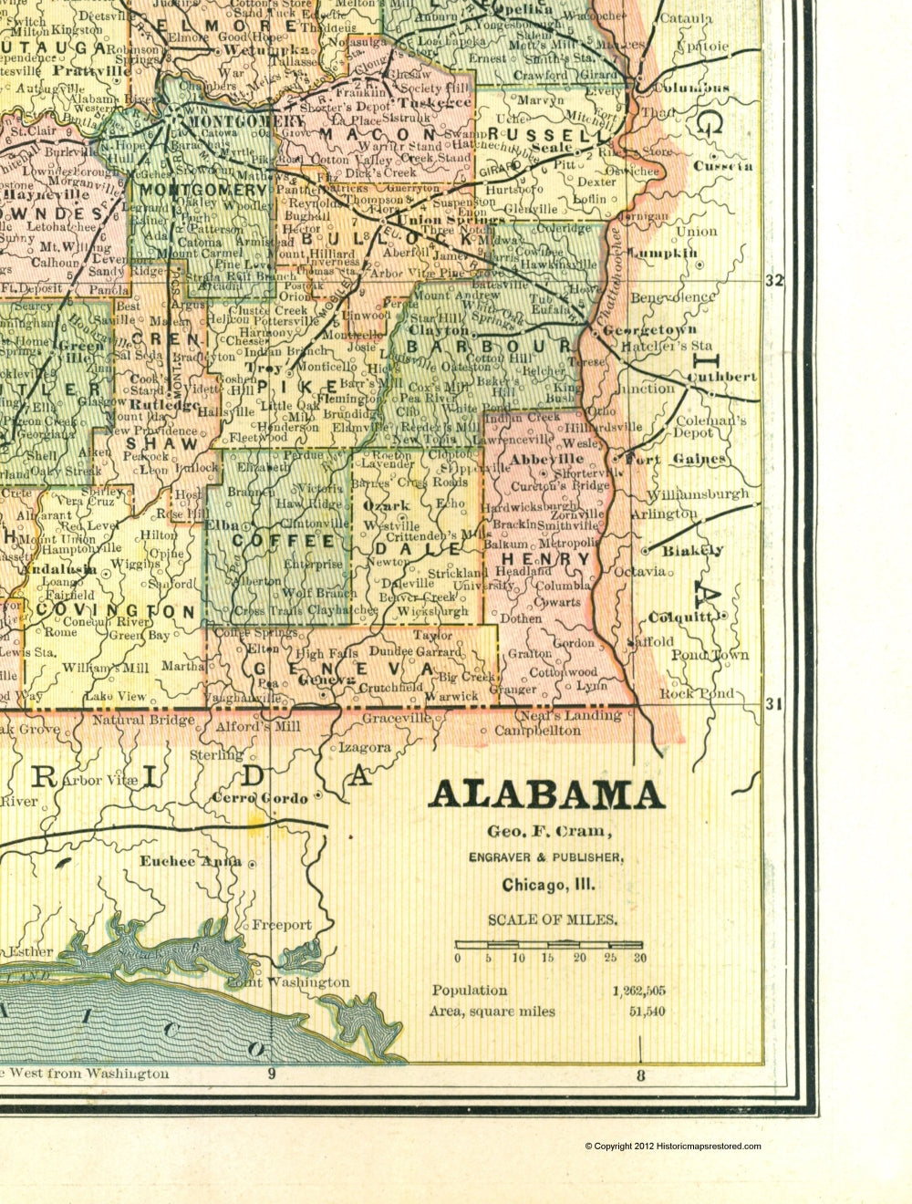 Historic State Map - Alabama - Cram 1886 - 23 x 30.37 - Vintage Wall Art