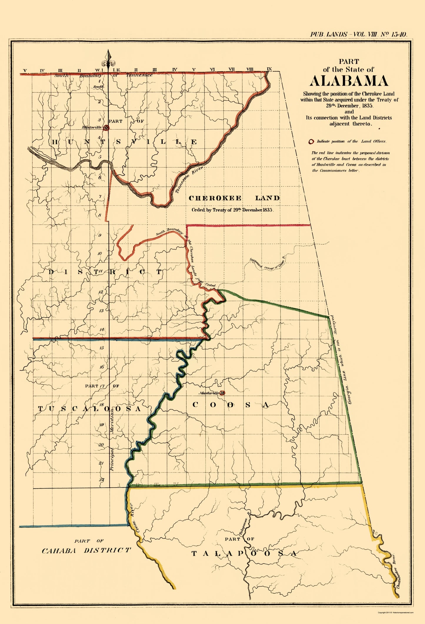 Historic State Map - Alabama Cherokee Land Position - GLO 1835 - 23 x 33.72 - Vintage Wall Art