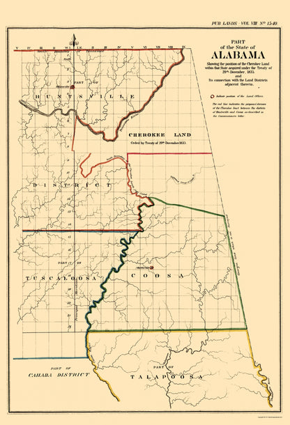 Historic State Map - Alabama Cherokee Land Position - GLO 1835 - 23 x 33.72 - Vintage Wall Art