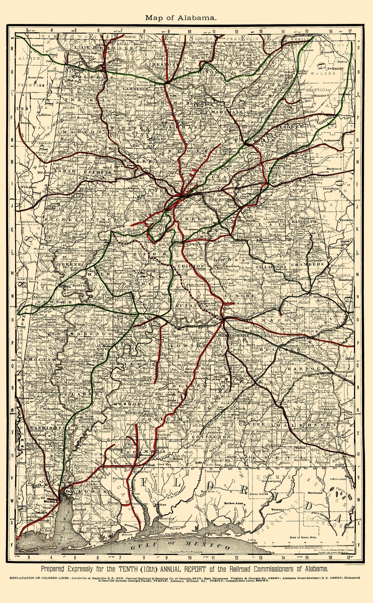 Railroad Map - Alabama Railroads - Rand McNally 1888 - Vintage Wall Ar ...
