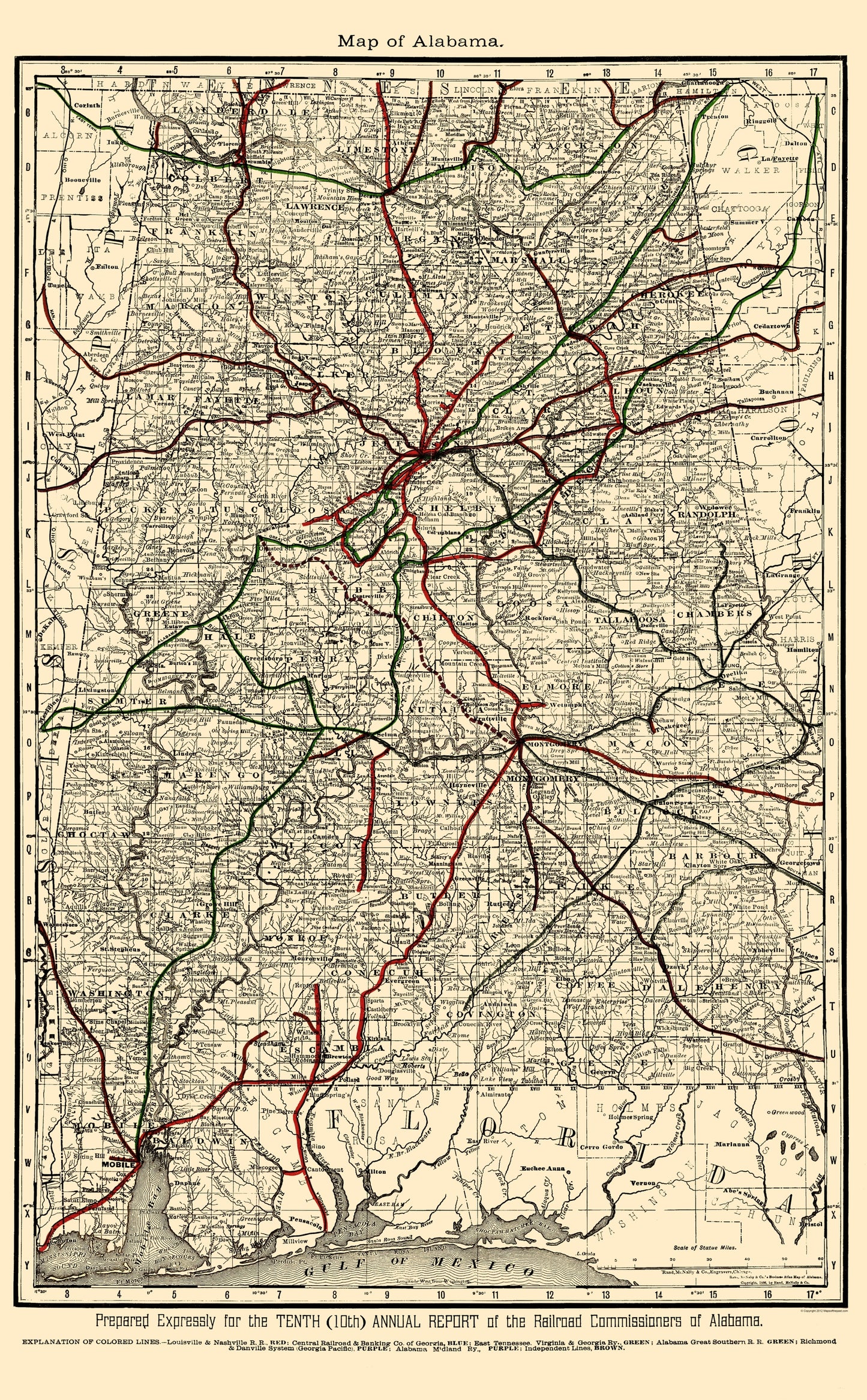 Railroad Map - Alabama Railroads - Rand McNally 1888 - 23 x 37.15 - Vintage Wall Art