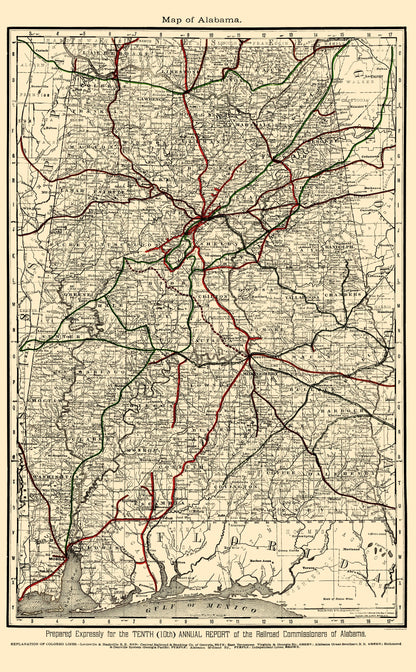 Railroad Map - Alabama Railroads - Rand McNally 1888 - 23 x 37.15 - Vintage Wall Art