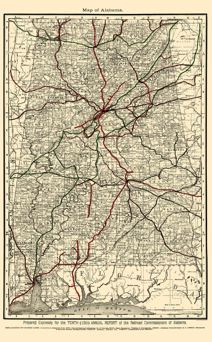 Railroad Map - Alabama Railroads - Rand McNally 1888 - Vintage Wall Ar ...