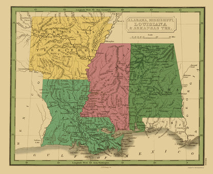 Historic State Map - Alabama Mississippi Louisiana Arkansas - Grigg 1830 - 23 x 28 - Vintage Wall Art