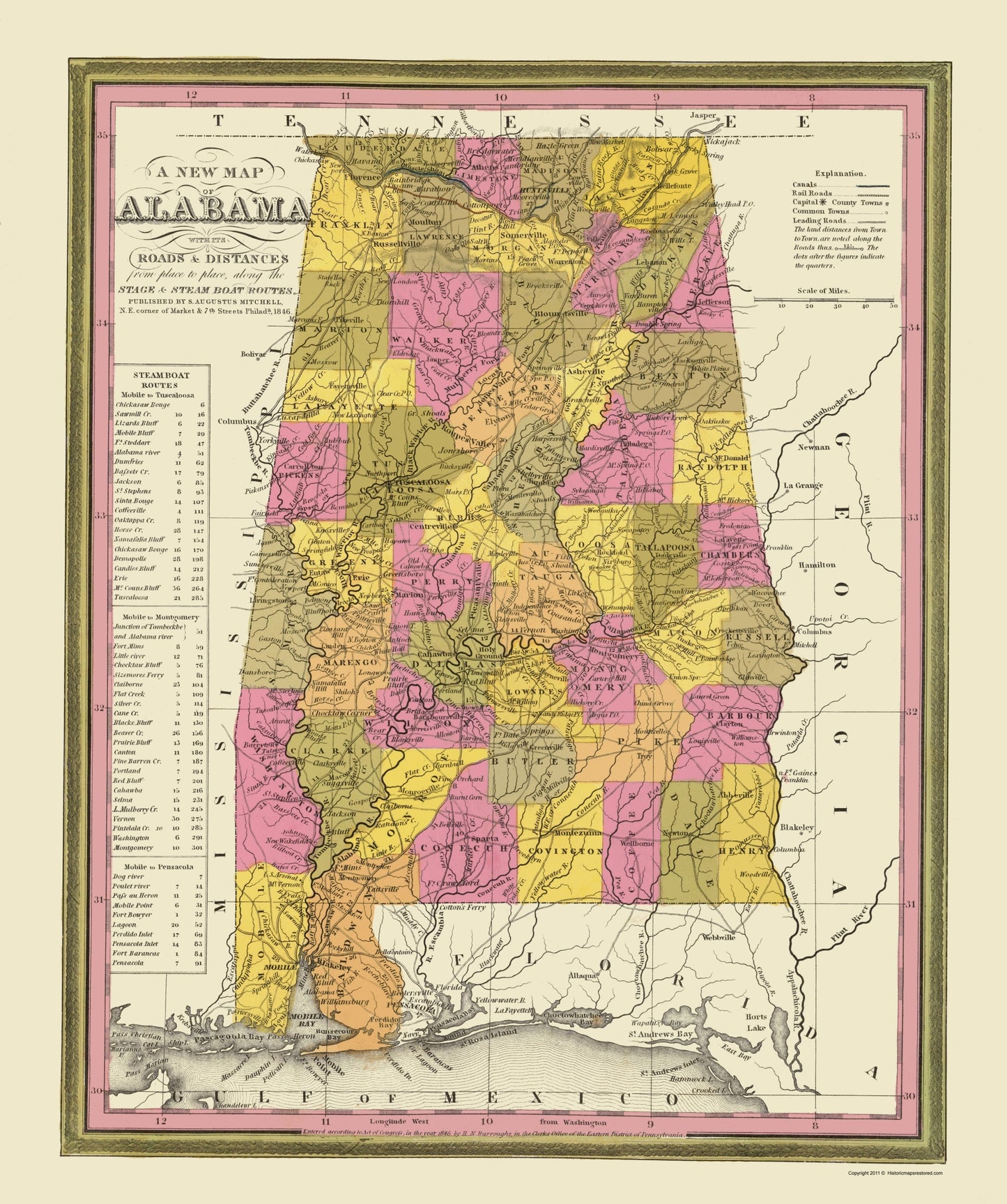 Historic State Map - Alabama - Mitchell 1846 - 23 x 27.49 - Vintage Wall Art