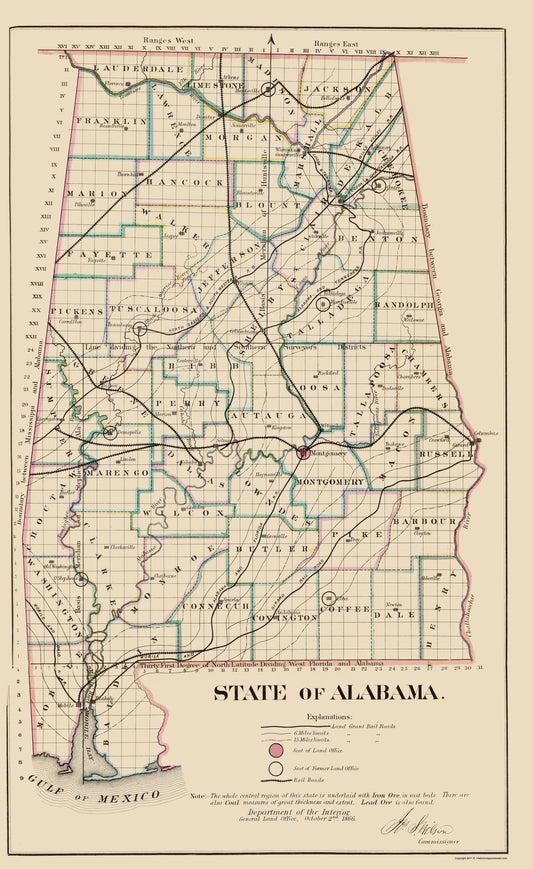 Historic State Map - Alabama - GLO 1866 - 23 x 37.48 - Vintage Wall Art