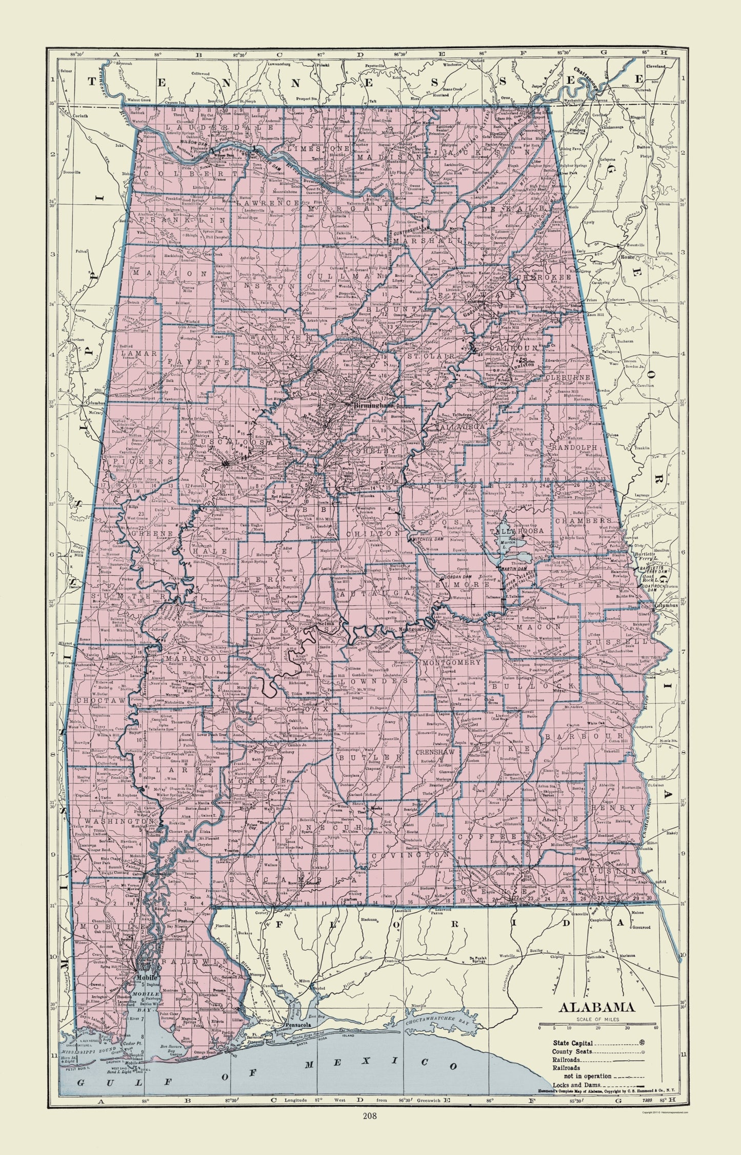 Historic State Map - Alabama - Hammond  1920 - 23 x 35.83 - Vintage Wall Art